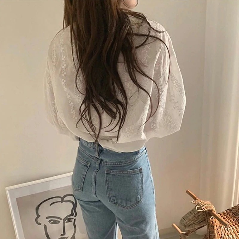 骨格ウェーブ バルーンレースブラウス